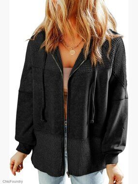 Waffle Knit Zip Up Hoodie Jacket with Drawstring Casual Fall Winter